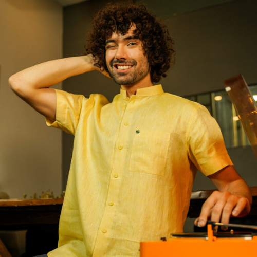 Untitled design (4) Daffodil Yellow Mandarin Collar Hemp Shirt - Image 1