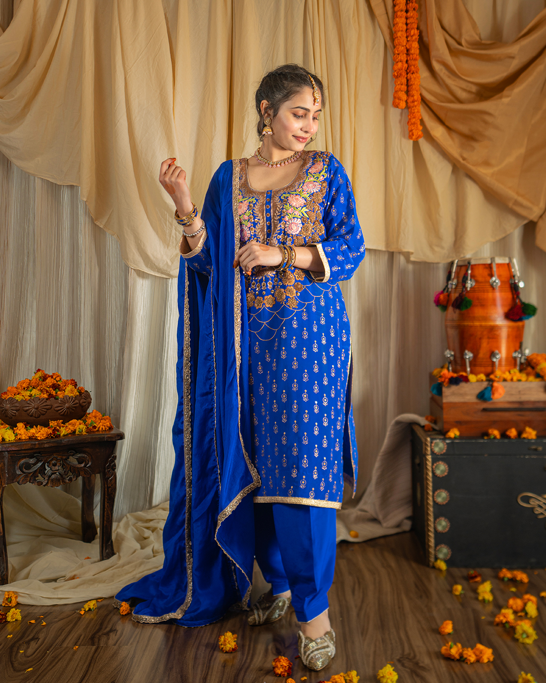3.4 Royal Blue Hand-Embroidered Crepe Salwar Set - Image 1
