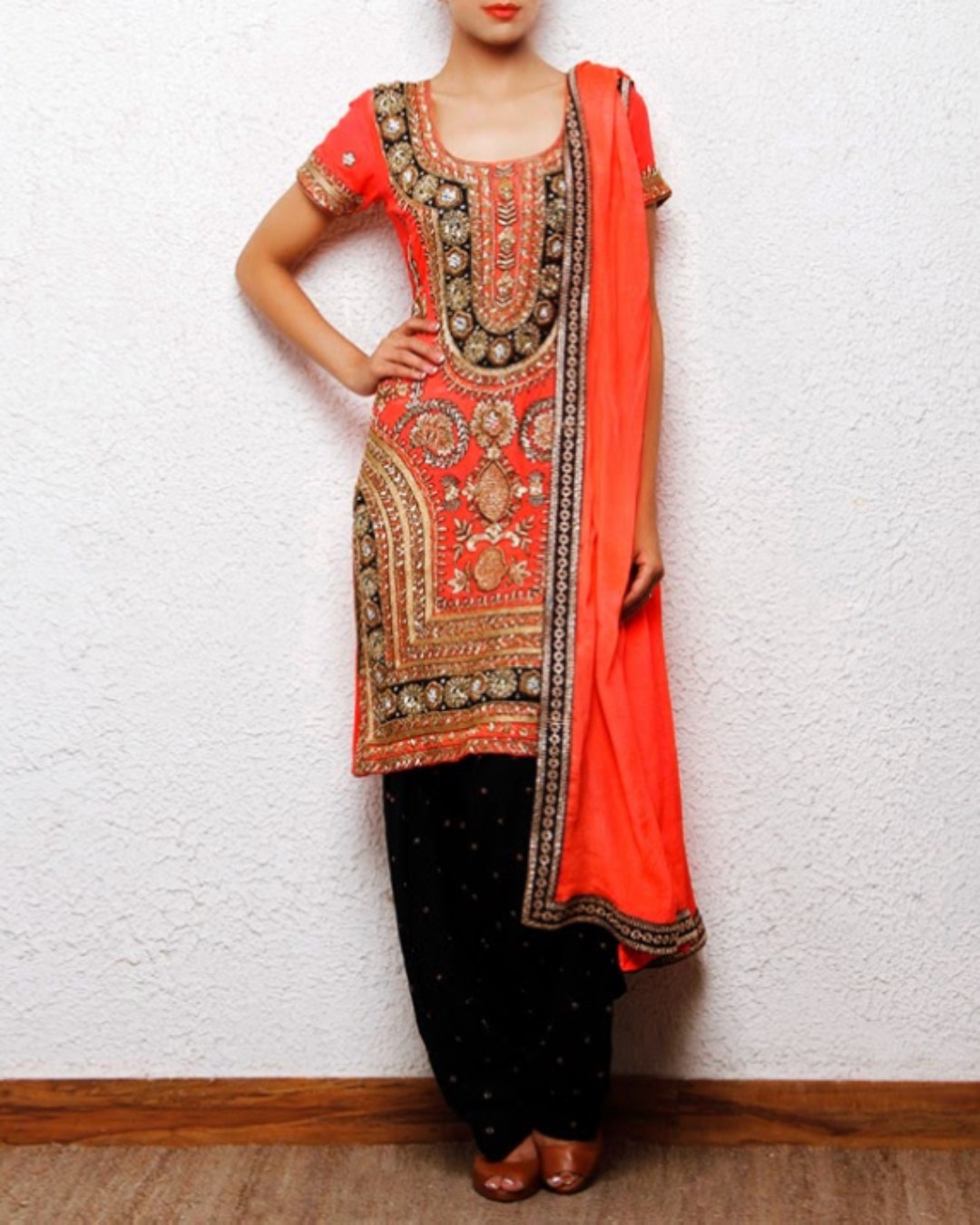 Simple Kaur Boutique (11) Blaze Orange Hand-Embroidered Salwar Set - Image 1