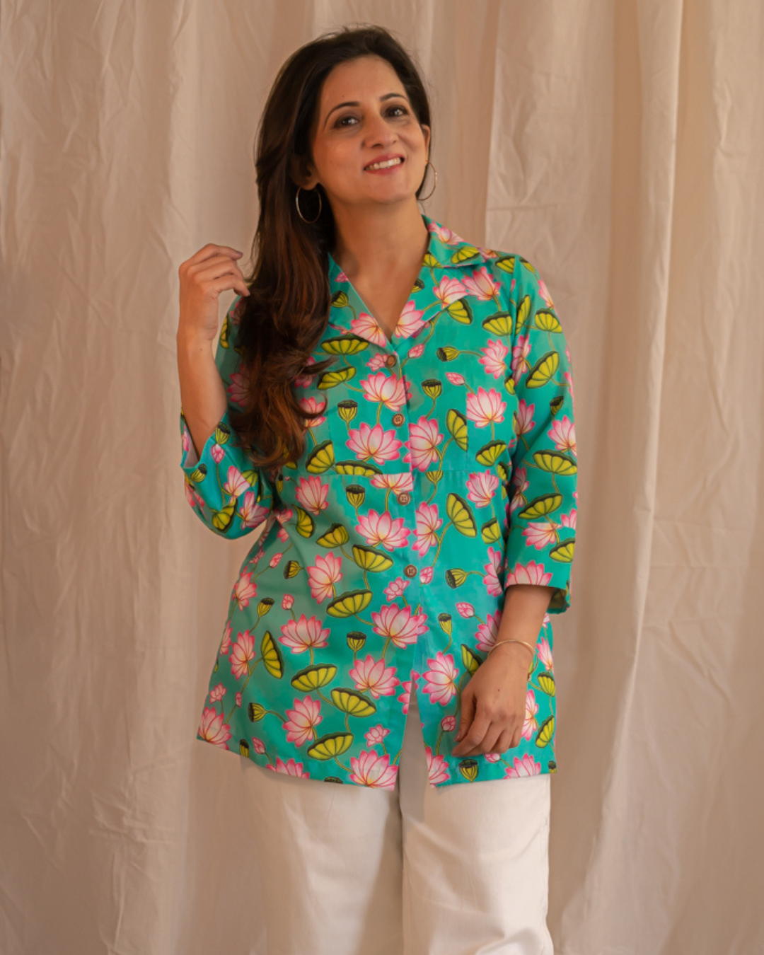 Untitled design - 2024-02-19T174322.689 lotus print lapeled collar button downed tunic shirt - Image 1