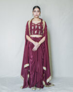 Maroon Kiss Cape-Draped Skirt Set