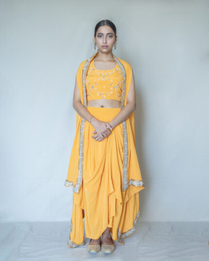 Marigold Orange Cape-Draped Skirt Set