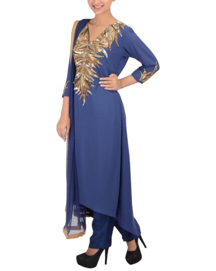 Royal Blue Asymmetrical Hand-Embroidered Kurta Set