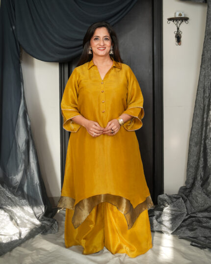 Yellow Ochre Metallic Asymmetrical Kurta Set