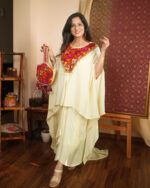 Asymmetrical Cream Kaftan with Phulkari Detail & Dhoti Skirt Set - Image 2