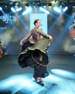 Black Flared Dress with Sharara and Brocade Jacket - Image 3