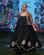 Black Flared Dress with Sharara and Brocade Jacket - Image 4