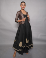 Black Flared Dress with Sharara and Brocade Jacket