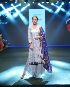 Grey & Blue Hand-embroidered Kurta Sets & Banarasi Dupatta